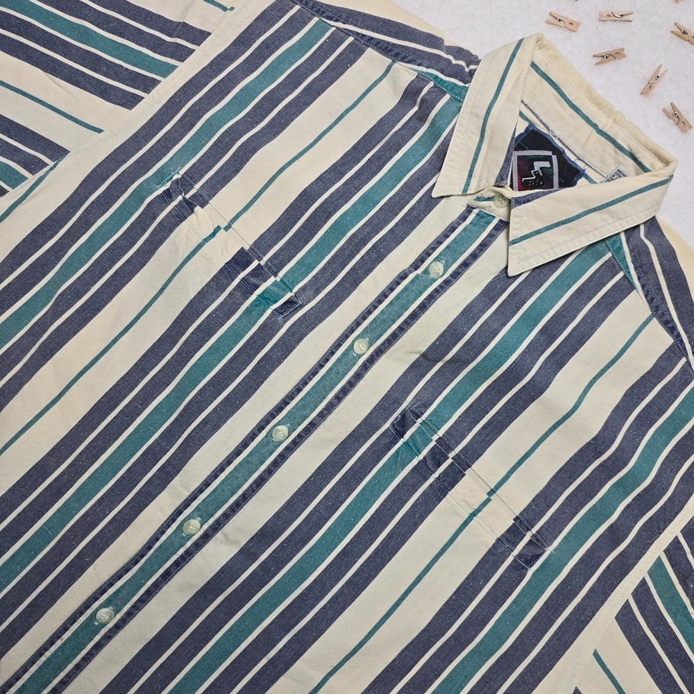 Vintage Santana Striped Shirt Medium Blue Green White Cotton Short Sleeve Retro‎